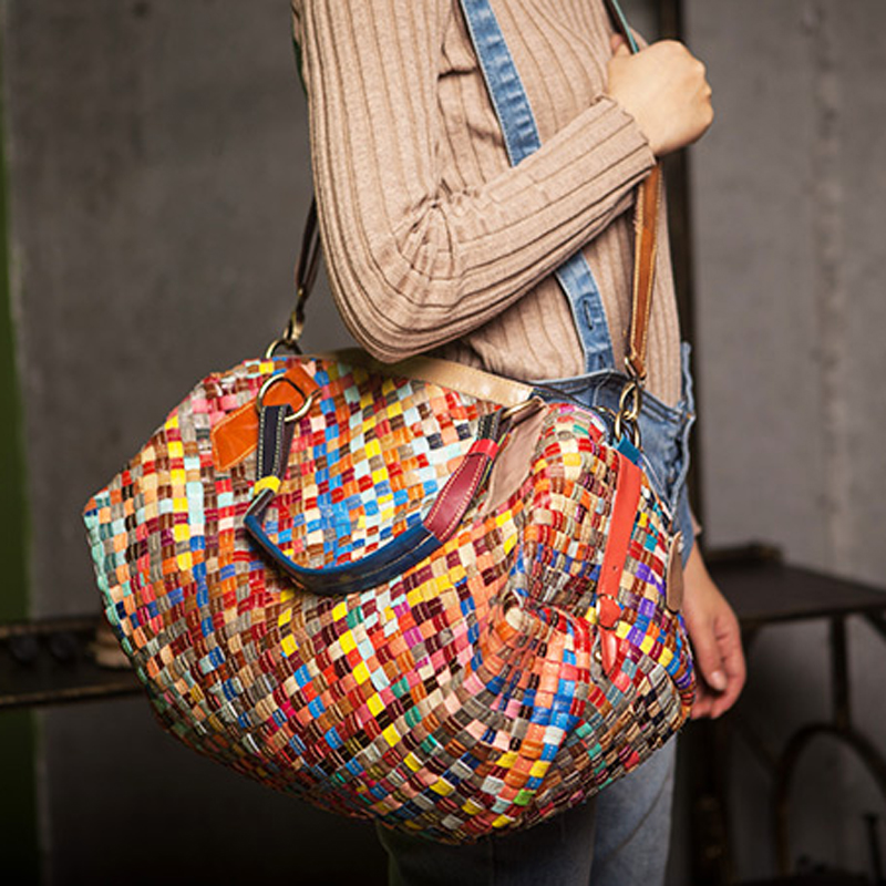 2015新款羊皮女包单肩包女手工真皮文艺个性包包拼接彩色手提包潮