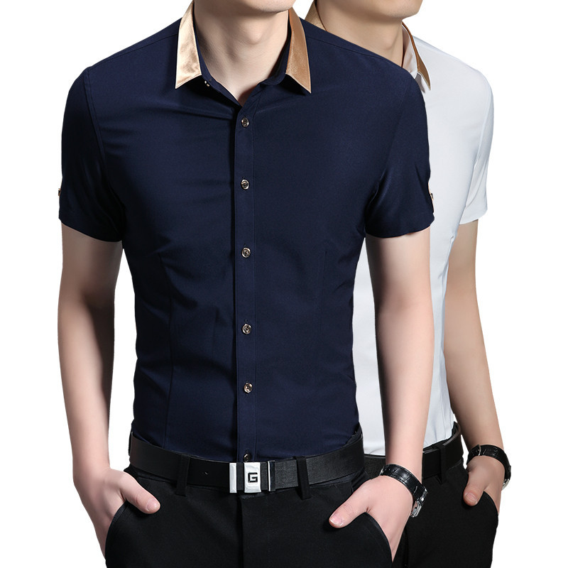 2015夏季男短袖衬衫韩版时尚青春流行修身休闲青少年金色领子衬衣