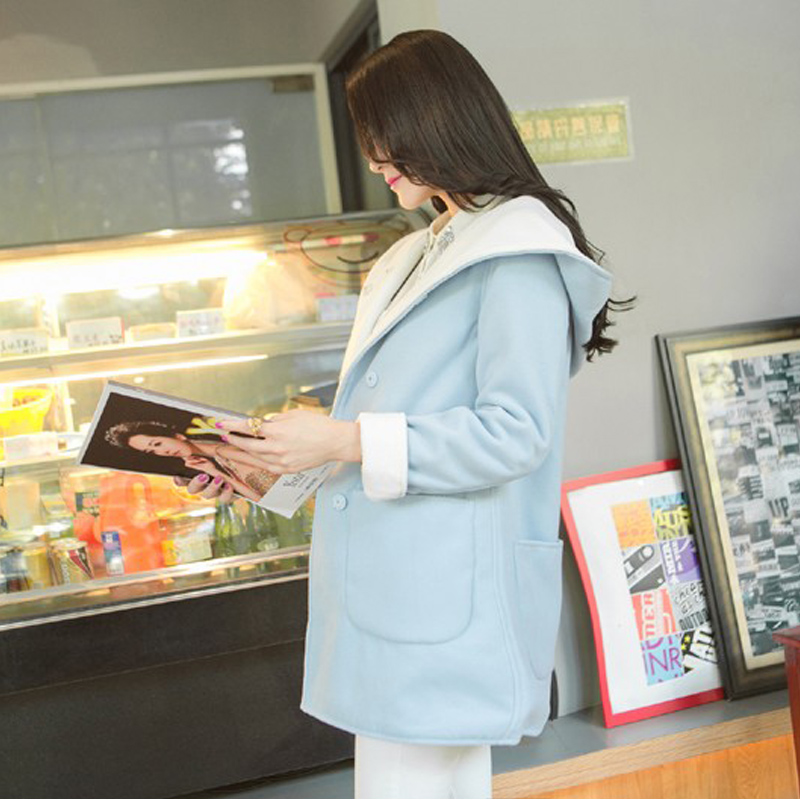 2015韩版秋冬装新款加厚羊毛呢外套女装连帽直筒学生学院风呢大衣