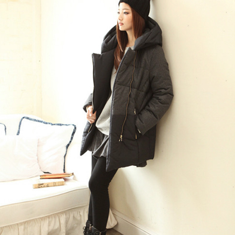 2015韩国SZ冬装韩版显瘦棉衣棉服撞色拼接连帽中长款女装呢子外套