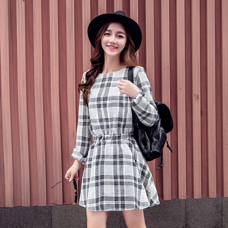 2015夏秋装新款韩版女装圆领格子收腰长袖连衣裙显瘦气质甜美中裙