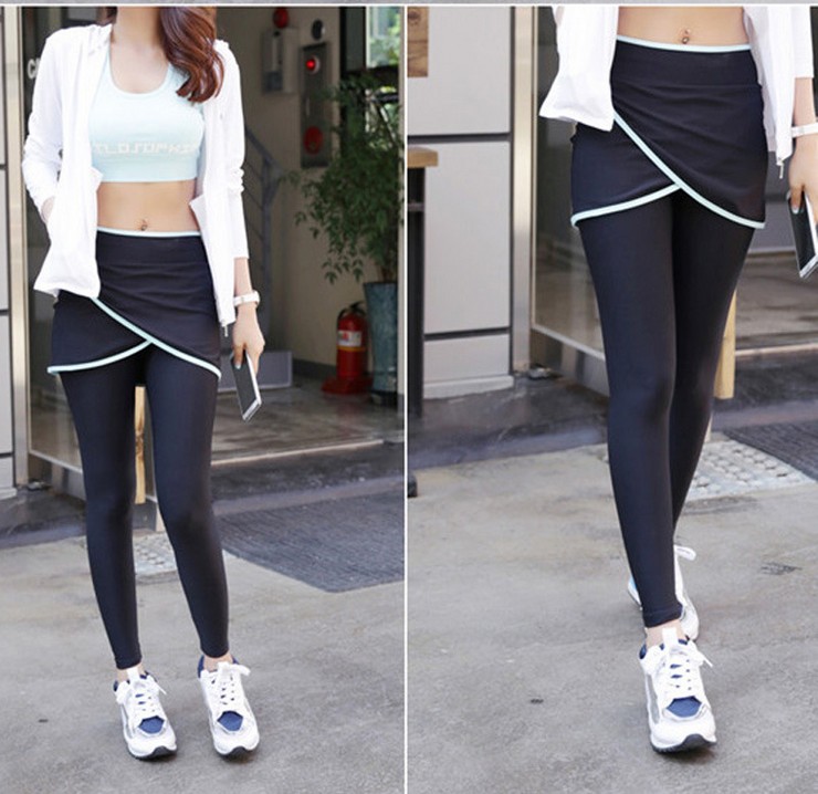 韩国代购夏季女运动跑步健身裤速干高弹力修身假两件紧身长裤裙潮