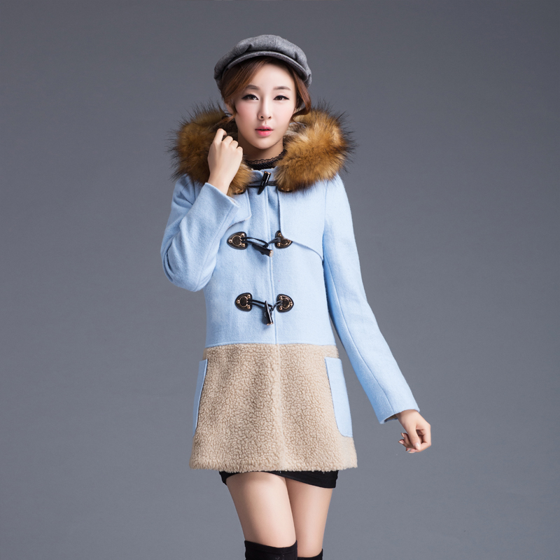 韩版女冬装真毛领毛呢外套中长款双排扣羔羊毛呢子纯色加绒女大衣