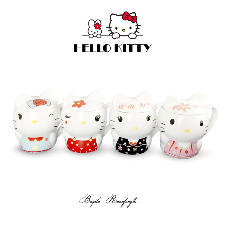 新款可爱卡通时尚HelloKitty水杯带盖陶瓷水杯情侣杯小猫杯子