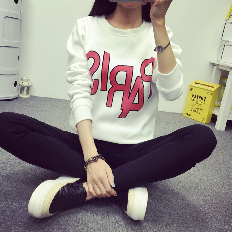 2015秋季冬季新款韩版字母圆领宽松加绒套头卫衣绒衫女生棒球服潮
