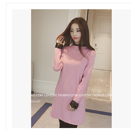 2015冬装新款韩版甜美粉色蕾丝拼接针织打底衫中长款套头毛衣女潮