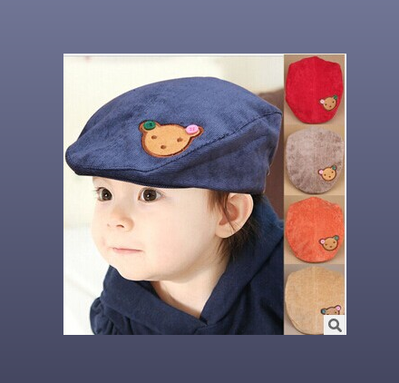 韩版男女儿童帽子灯芯绒纽扣小熊贝雷帽 宝宝鸭舌帽