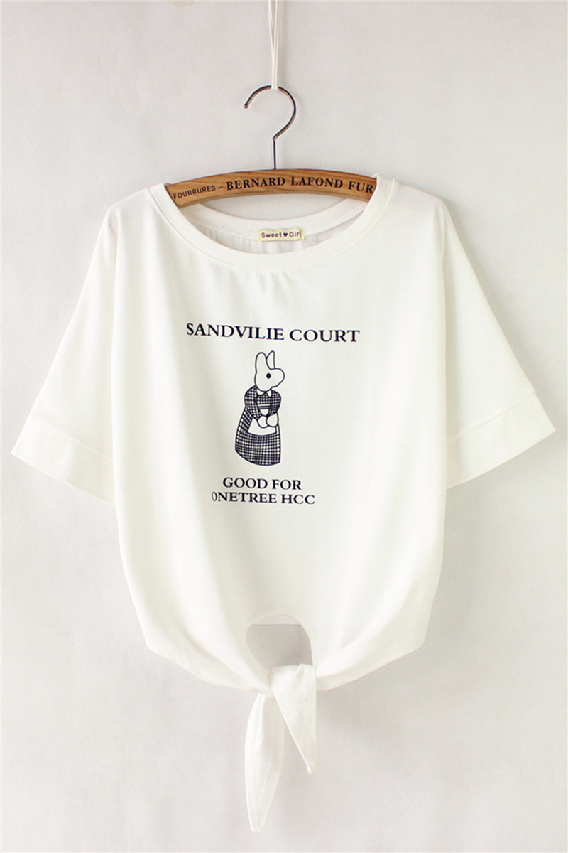 2015夏装新款韩版学院风兔妈妈字母印花系带纯棉小清新短袖T恤女
