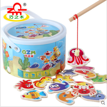 巧之木桶装磁性双杆海洋钓鱼玩具宝宝男女孩婴幼儿童1-2-3-4岁半