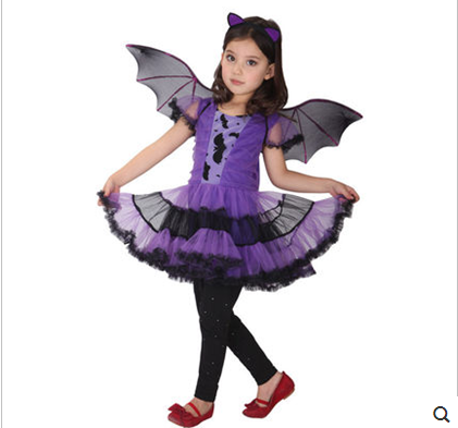 16新款万圣节服装 儿童人物扮演衣服巫婆装扮紫色蝙蝠女孩童套装