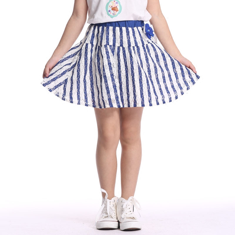 爱儿健童装女童夏季竖纹条纹英伦超短裙E蓝白间梭织短裙