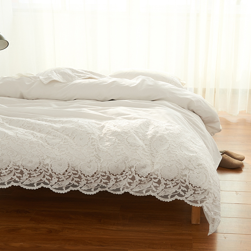 璞素欧式公主蕾丝纯棉贡缎床单床笠纯白色家纺四件套全棉床上用品