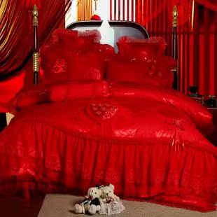 婚庆床品大红公主风六件套蕾丝四件套纯棉七件套2.0m床多件套双人