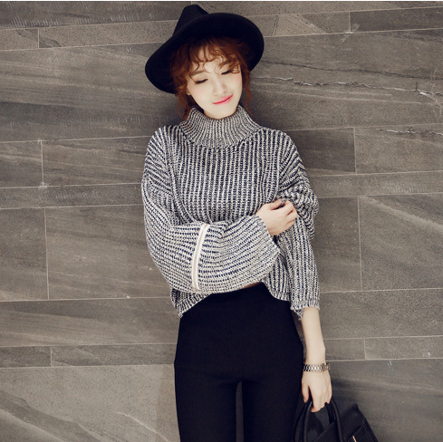 2015秋冬装新款韩版复古时尚条纹宽松显瘦高领短款蝙蝠袖毛衣外套
