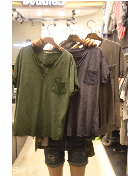 韩国代购女装WATER JEANS 女左起1/2/3色短袖口袋修饰T恤均码