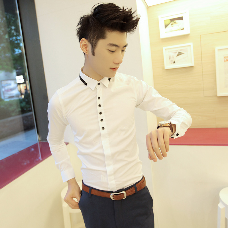韩版修身男职业装发型师衬衫 男 长袖潮牌时尚个性青年休闲白衬衣