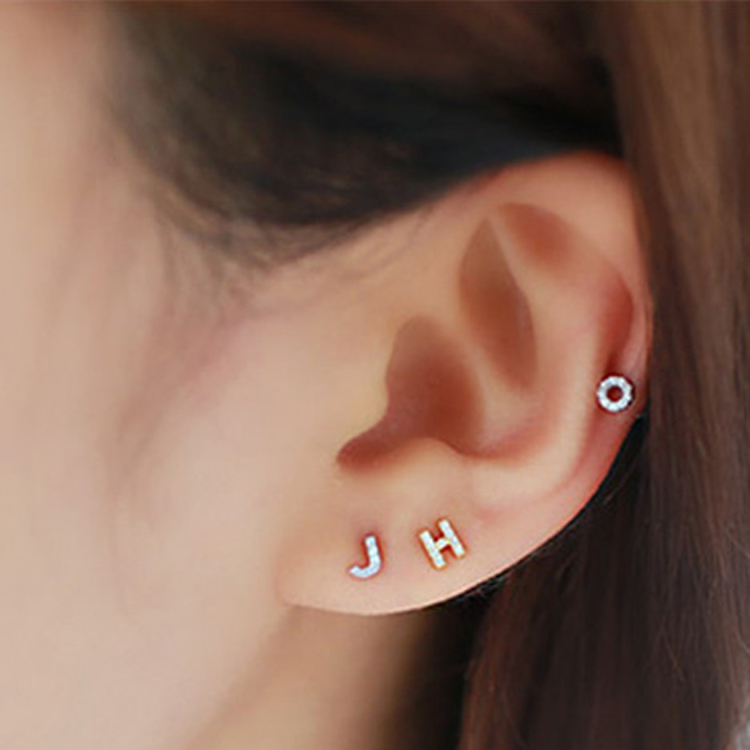 锆石字母耳钉s925纯银女气质日韩国甜美简约个性百搭时尚耳环饰品