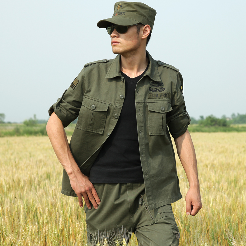 军迷夏军绿色衬衫男士户外战术长袖衬衣特种兵101空降师迷彩外套