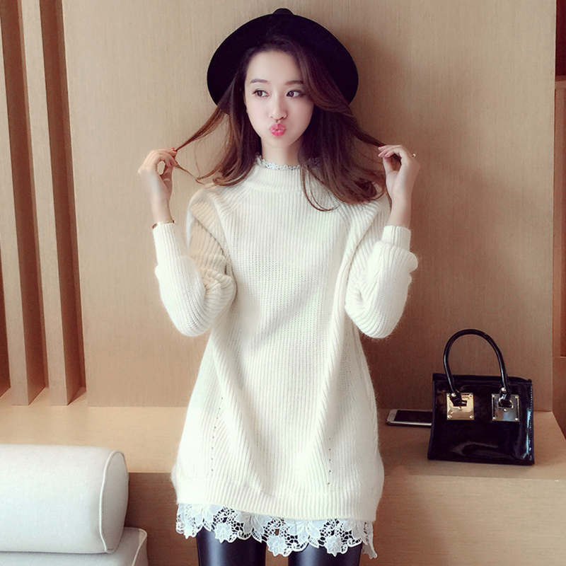 2015冬装新款韩国气质中长款宽松针织衫蕾丝拼接假两件毛衣女线衫