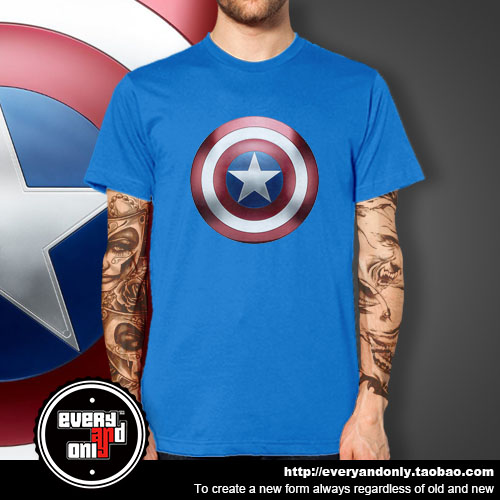 漫威Captain America美国队长3经典盾牌logo精梳纯棉男女短袖T恤