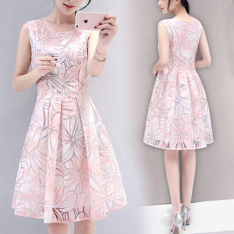 2016新款女装夏韩版修身高腰中长款连衣裙无袖印花粉白色欧根纱裙