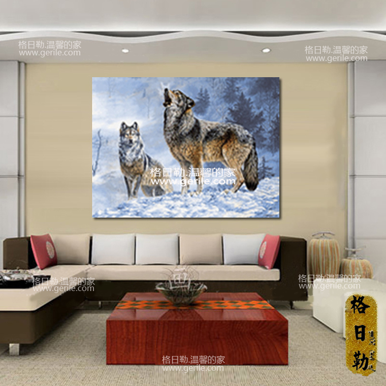 正品厂家直销蒙古国纯羊毛立体逼真雪狼挂毯壁毯客厅走廊装饰画