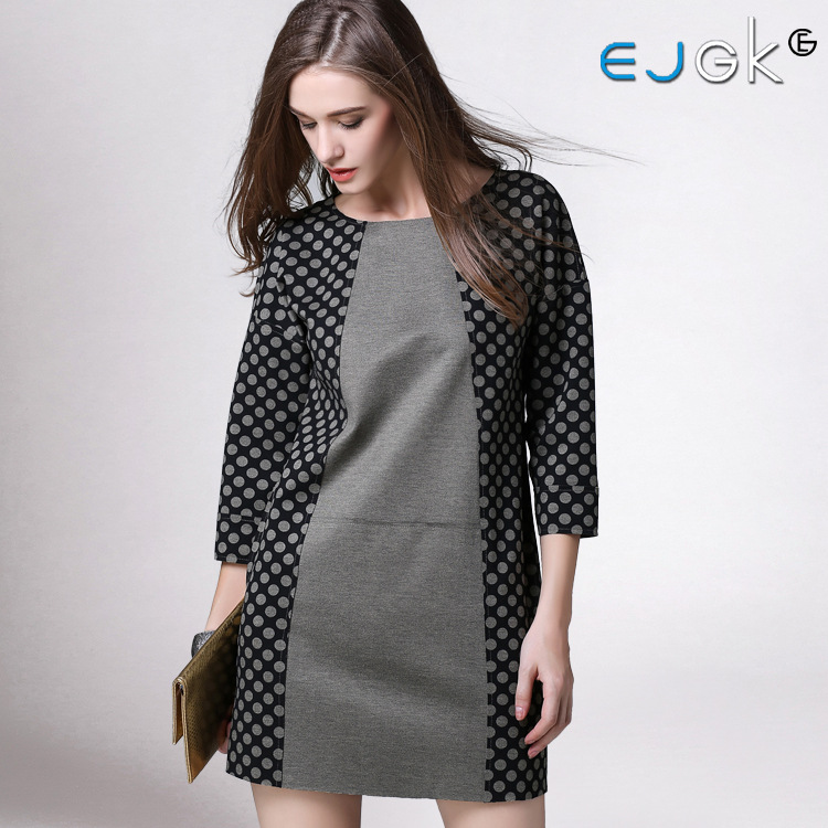 EJGK原创2015秋冬欧美大牌元素高端时尚拼接设计纯棉波点花连衣裙