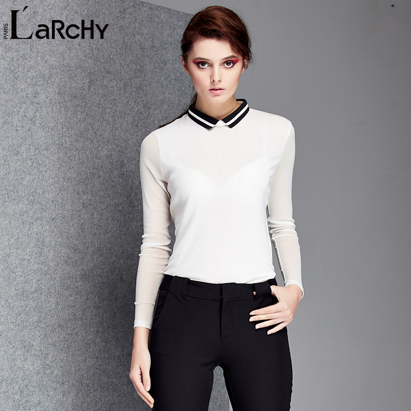LARCHY新款2015秋装条纹撞色翻领小衫女纯色长袖T恤韩版修身上衣