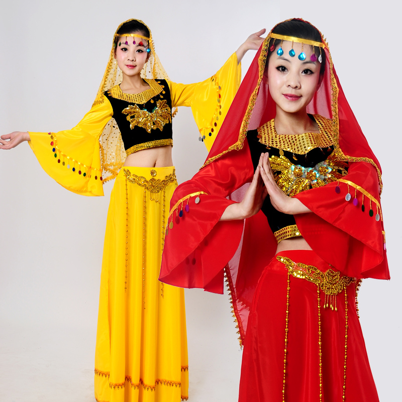 新疆维吾尔族舞蹈表演服装女少数民族红色黄色裙印度肚皮舞台演出