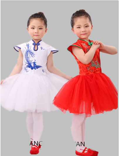 新款儿童演出服装女童古筝民族舞蹈表演服饰中国风青花瓷连衣纱裙