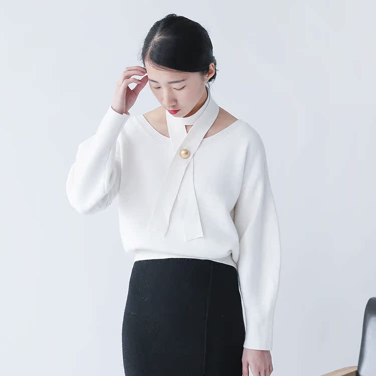2015冬季新款韩版配领带毛衣韩国时尚圆领宽松长袖针织衫毛衫女