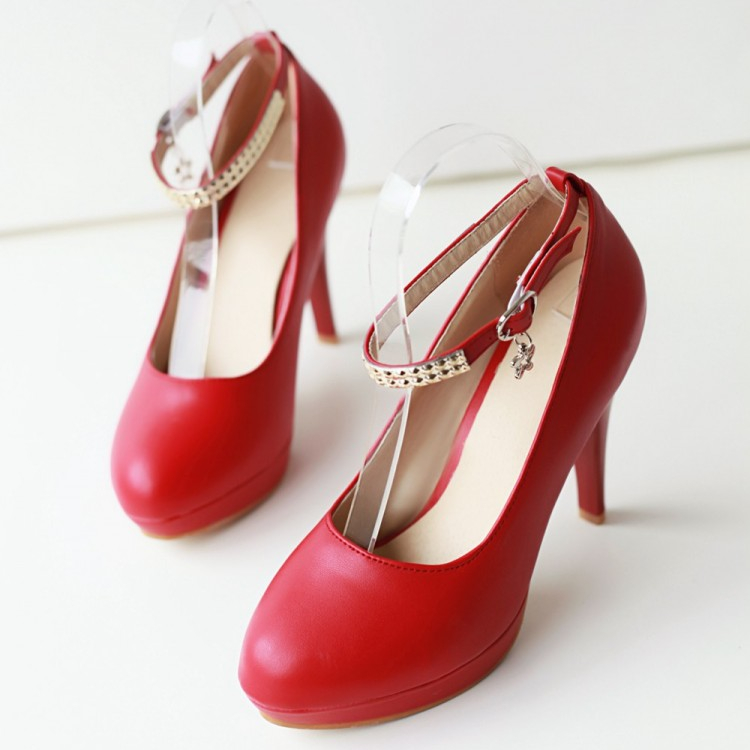 2015新款女鞋夏季韩版圆头浅口高跟鞋女细跟一字扣结婚鞋婚鞋红色