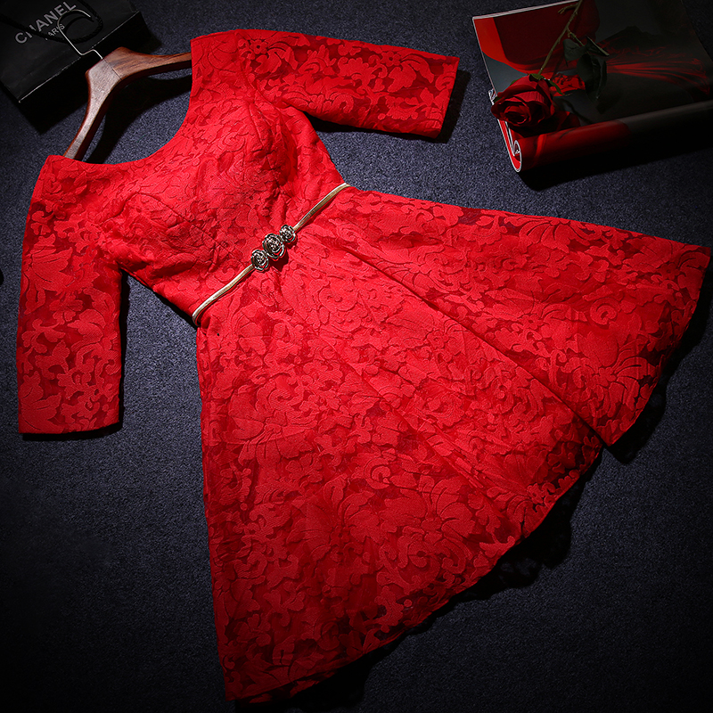 2015新款短款七分袖新娘时尚礼服红色结婚敬酒服晚装年会晚礼服冬