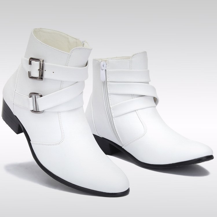 新款热卖韩版英伦男士高帮皮靴子冬季尖头正装短筒保暖靴白色靴子