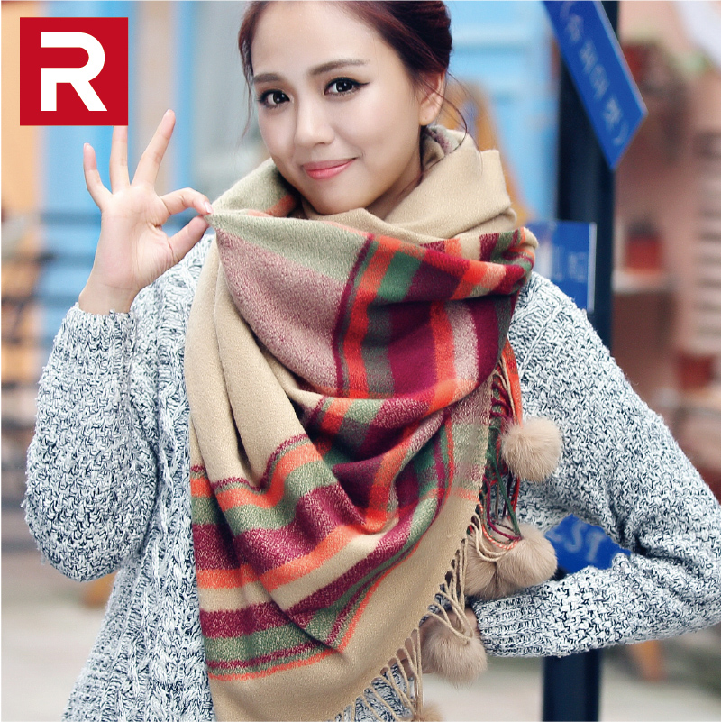 正品2015韩国秋冬女羊绒格子獭兔毛球保暖围巾披肩两用
