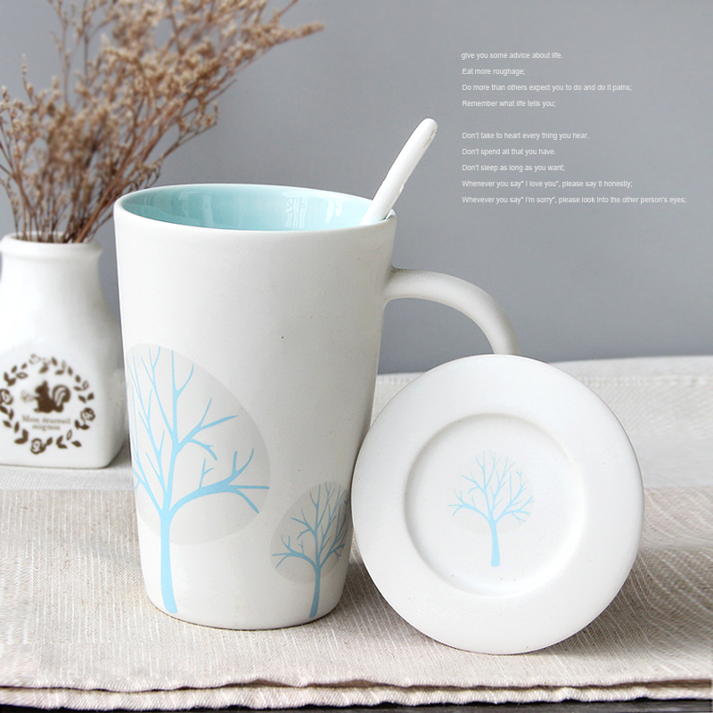 简约树影图案陶瓷杯马克杯带盖送勺子咖啡杯办公室喝水杯子