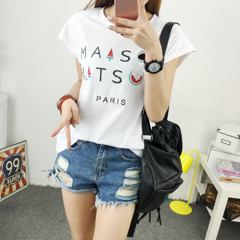 2016夏装新品短袖t恤女韩版修身直筒字母短款打底上衣女学院风
