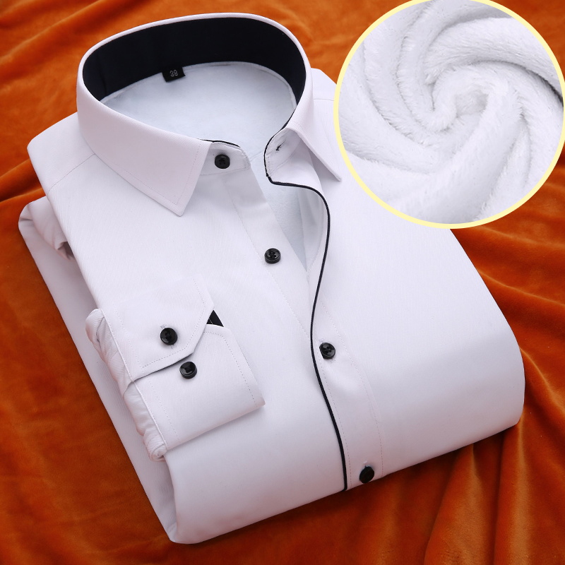 冬季男士保暖衬衫加绒加厚商务中年纯白色工作服长袖大码寸衫衬衣