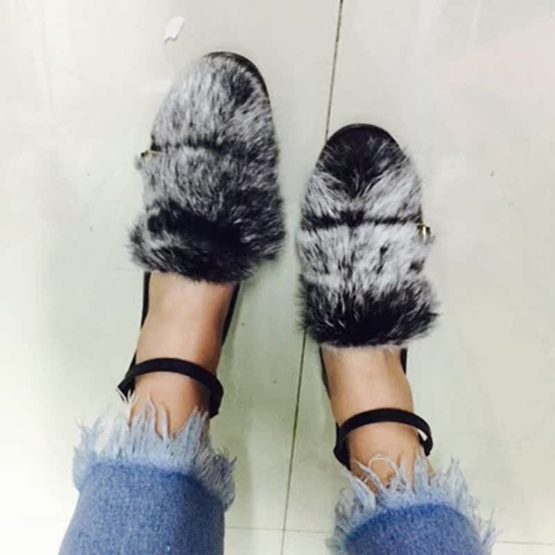 2015年韩版秋冬新款毛毛鞋女鞋真皮鞋子低帮兔毛圆头女版粗跟单鞋