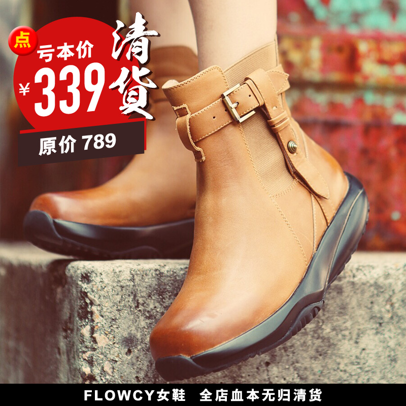 Flowcy2016秋冬女靴子切尔西靴舒适英伦真皮中跟真皮短筒短靴女