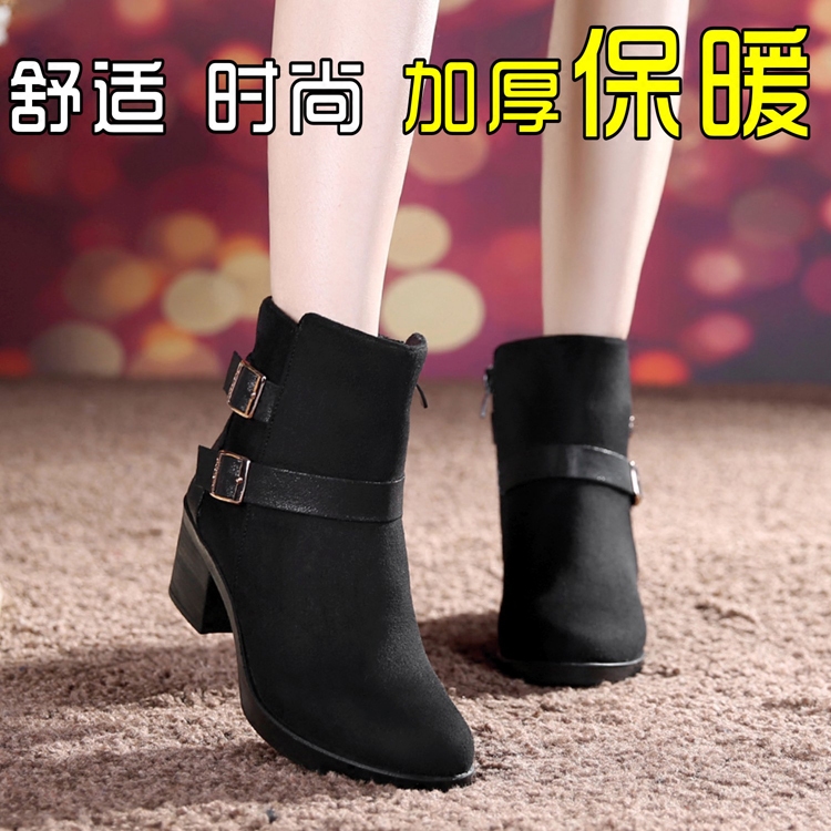 2015冬新款女短靴中筒雪地靴侧拉链加厚保暖粗跟正品老北京布鞋