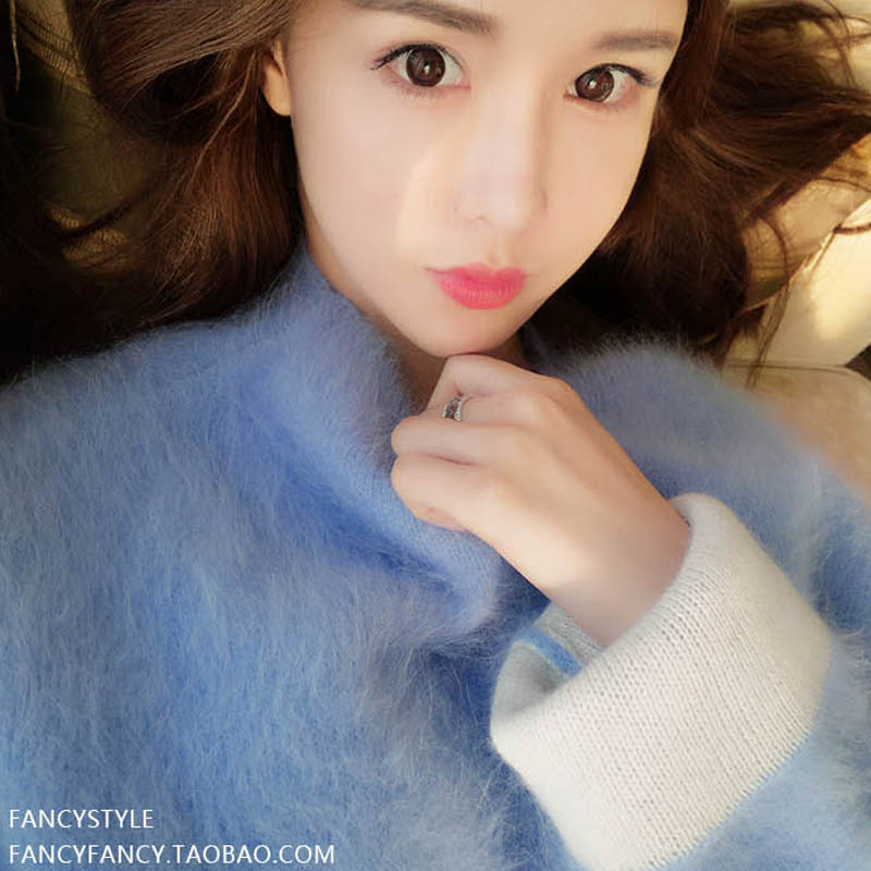韩国东大门冬季紫蓝色宽松中长款貂绒兔毛毛衣女半高领套头针织衫