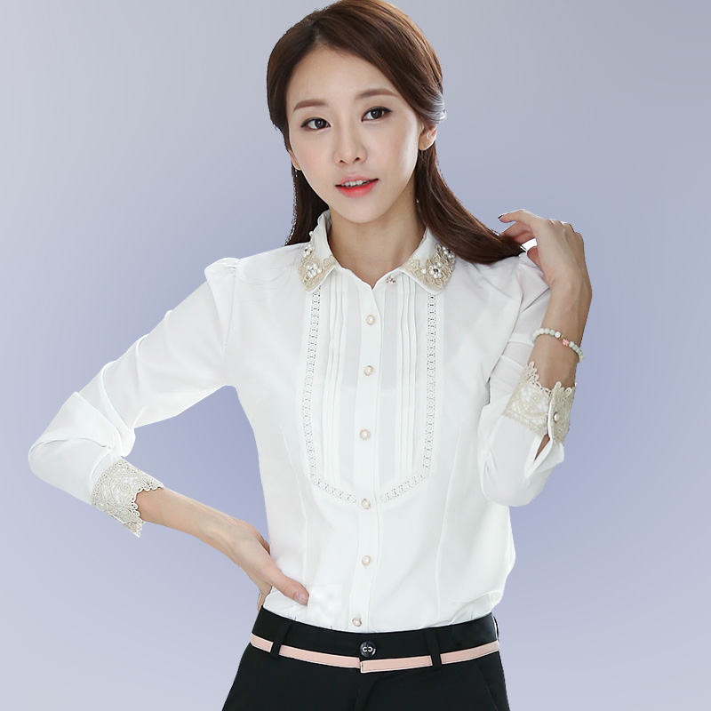 2015秋装新款韩版女装长袖衬衫娃娃领绣花蕾丝衫白色打底衫