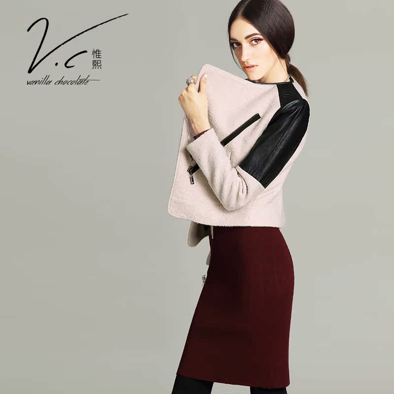 V.C欧洲站原创女装2015拉链气质修身毛呢外套秋冬新款加厚羊毛呢