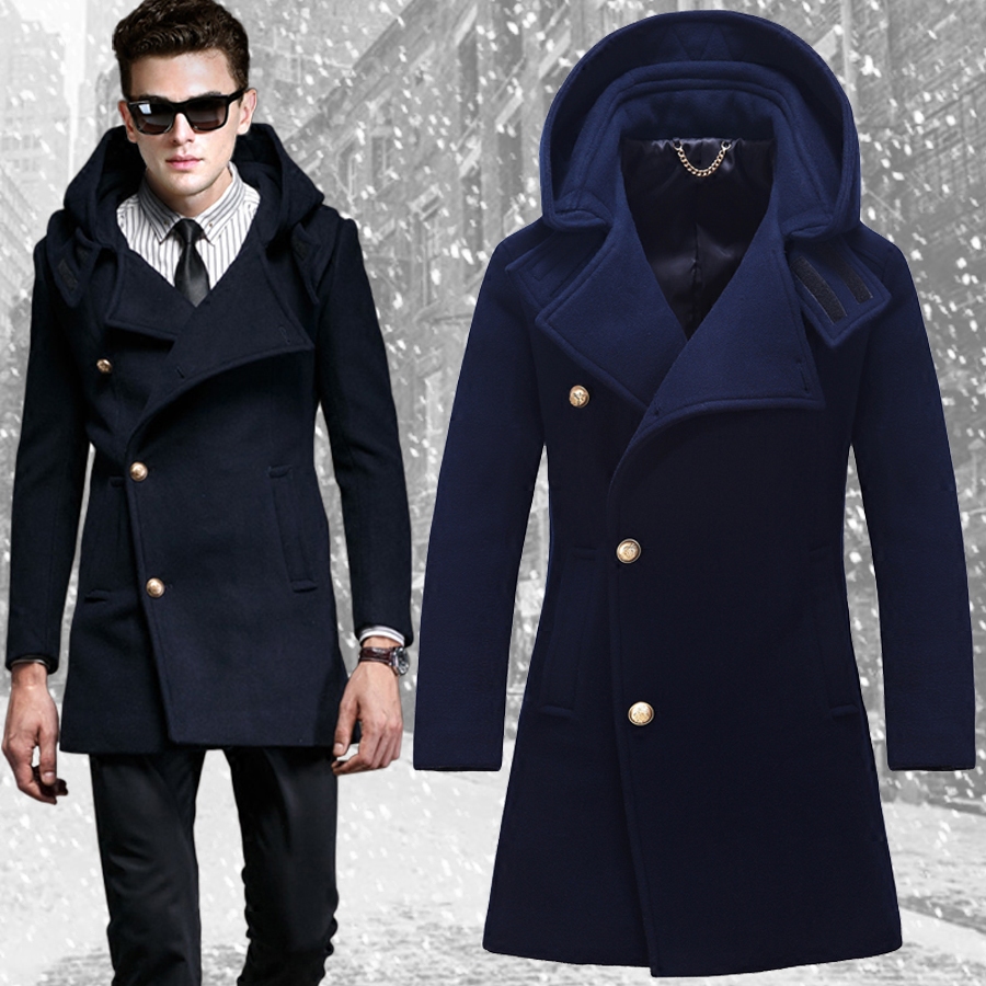 冬季加厚连帽羊毛呢子大衣男中长款韩版修身英伦商务妮子风衣外套
