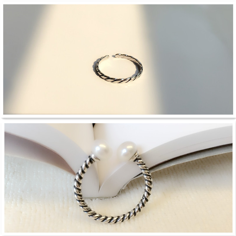 Chrysalis 925纯银珍珠斜纹开口戒指女韩版时尚麻花饰品气质指环