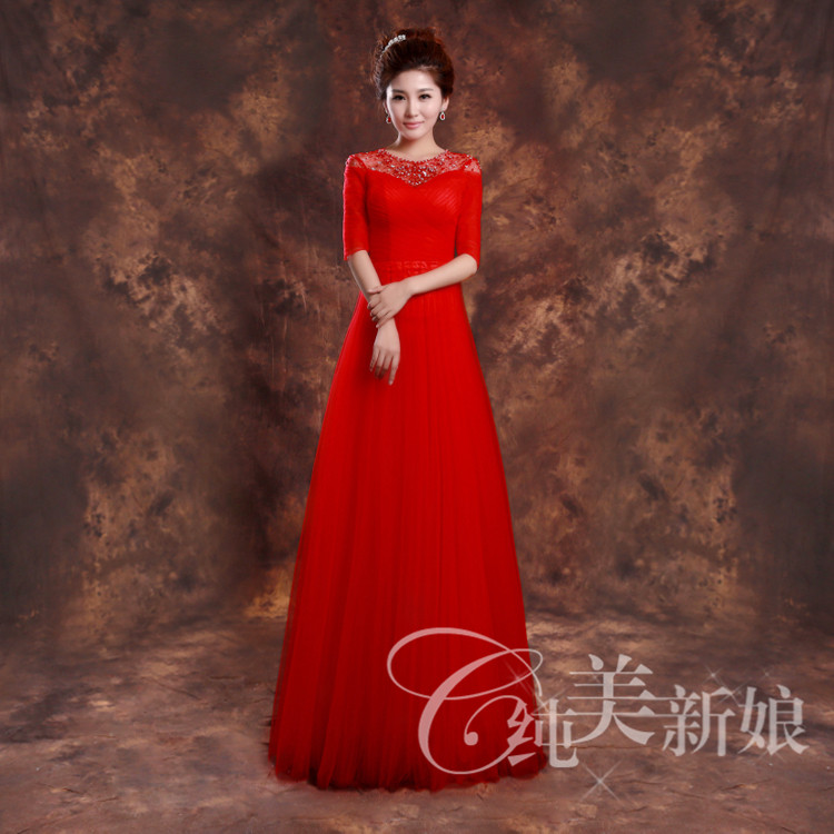 2014新款蕾丝双肩结婚敬酒服 时尚钉珠露背礼服 红色修身长礼服