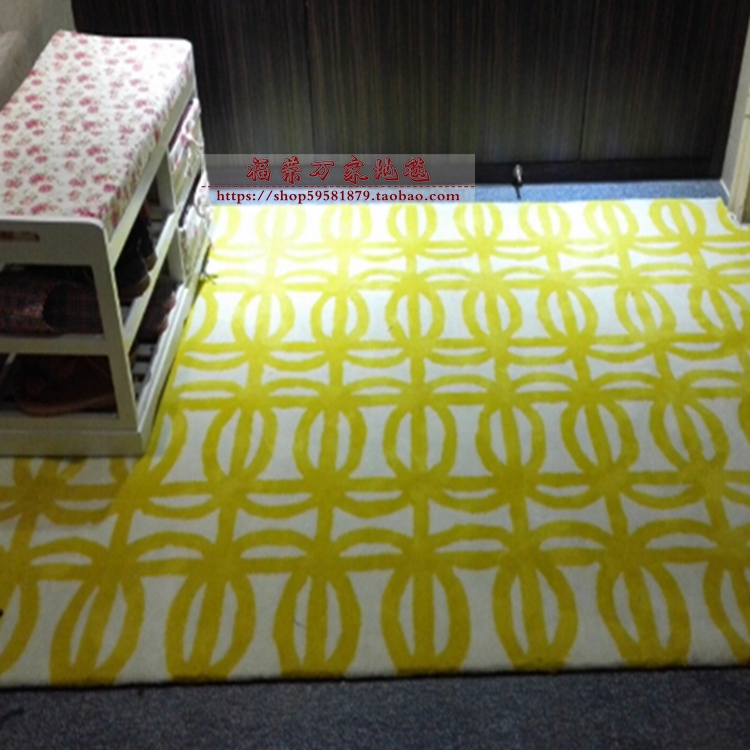 现代简约黄色格子客厅茶几地毯沙发欧式卧室床边手工腈纶满铺定制