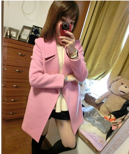 韩国代购2015秋冬装新款韩版中长款粉色毛呢外套修身呢子大衣女