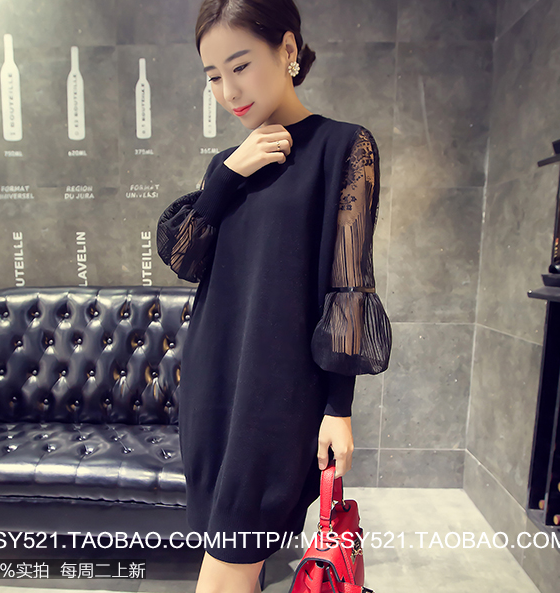 2015冬季新款女装韩版蕾丝拼接纱网袖圆领长袖中长款套头毛衣女潮